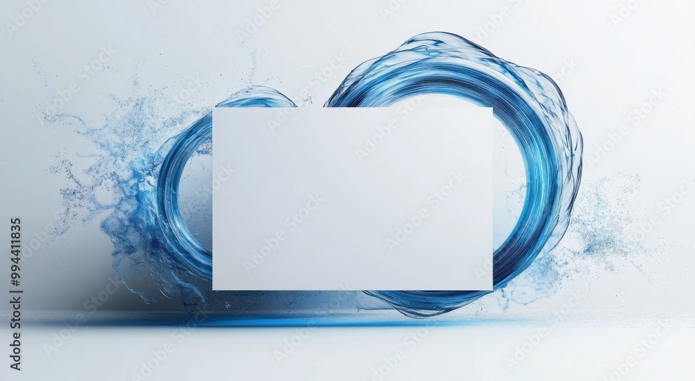 Poster minimalist design with a blank white card floating in a circular art composition on a soft blue back
