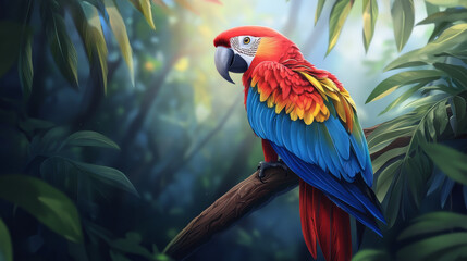 Create an image that showcases the parrot as a vibrant and charismatic bird, emphasizing its colorful plumage, expressive personality, and natural habitat. Consider the following elements 
