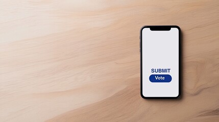 A smartphone with a "Submit" button displayed on its screen, resting on a wooden surface.