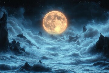 a breathtaking closeup of a moonlit landscape where the moon glows amid surreal imaginative nature elements inviting viewers to explore its ethereal beauty