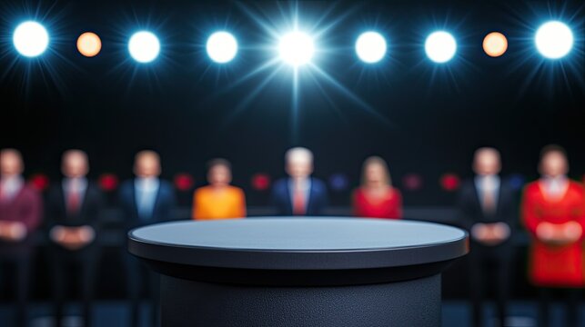 A dimly lit stage with focused spotlight on an empty podium, featuring a lineup of blurred figures in formal attire awaiting their turn to speak. - Powered by Adobe