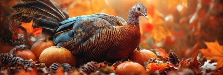 Obraz premium A colorful turkey rests among pumpkins and fallen leaves. The warm hues create a cozy autumn scene. Perfect for seasonal decorations and themes. Captivating wildlife in nature. AI