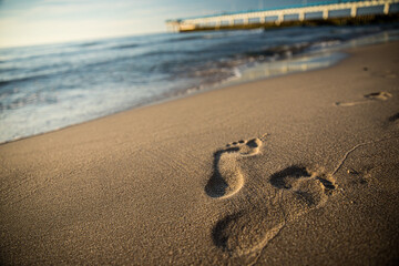 There are many footprints in the soft sand on the beach near the ocean waves