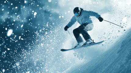 Extreme Snowboarder Carving Down Snowy Mountain Slope in Blizzard Conditions