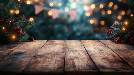dark wooden table top showcase with festive flags and an empty bokeh background creating a perfect setting for celebration inviting a festive atmosphere