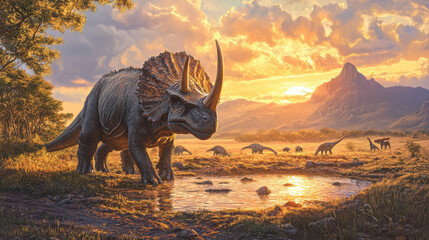 Fototapeta premium A realistic depiction of a triceratops in a wide, open savannah, the golden hour lighting accentuating the rugged texture of its horns and skin