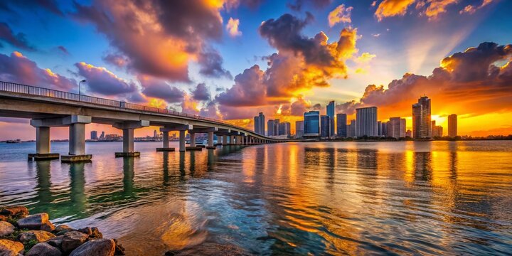 Scenic view of Julia Tuttle Causeway with vibrant sunset over Miami skyline and calm water below