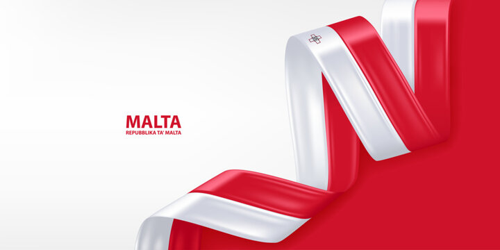 Malta 3D ribbon flag. Bent waving 3D flag in colors of the Malta national flag. National flag background design.