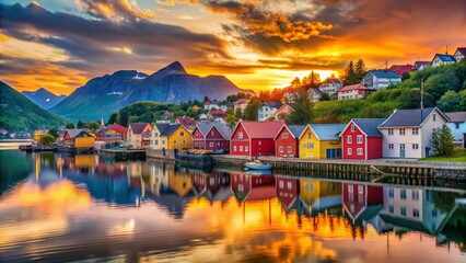 Fototapeta premium Scenic view of Namsos waterfront with colorful houses, mountains, and a serene sky during sunset