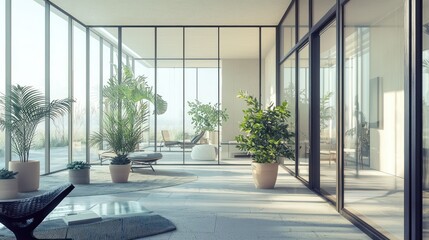 Fototapeta premium A minimalist conservatory with glass walls, a few select potted plants, and simple furniture The room blends seamlessly with the outdoors, offering a tranquil space for relaxation