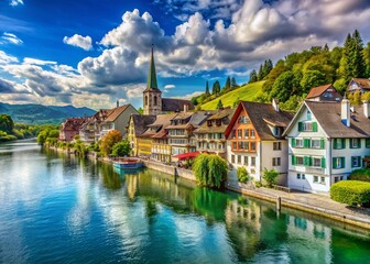 Obraz premium Scenic view of Stein am Rhein, Switzerland with historical buildings and beautiful river landscape