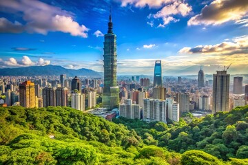 Obraz premium Scenic view of Taipei skyline with iconic landmarks and lush greenery under a clear blue sky