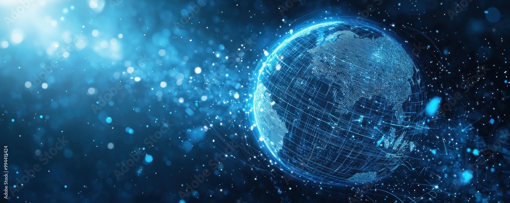 Poster digital earth illustration with a blue gradient background showcasing global connectivity and networ