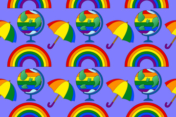Illustration of a rainbow globe, umbrellas, and arcs representing LGBTQ plus pride and global inclusivity. Perfect for celebrating diversity and unity.