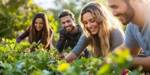 Fototapeta premium Gruppe junger Meschen arbeiten gemeinschaftlich im Garten