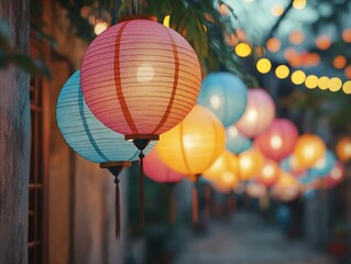Colorful Hanging Lanterns in an Oriental Setting