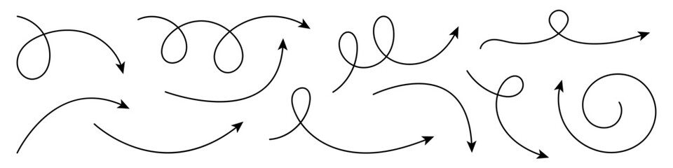 Collection of curved arrows. Set simple curved hand drawn arrows.