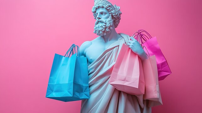 Antique statue with paper bags from the store. The concept of sales, Black Friday and shopping