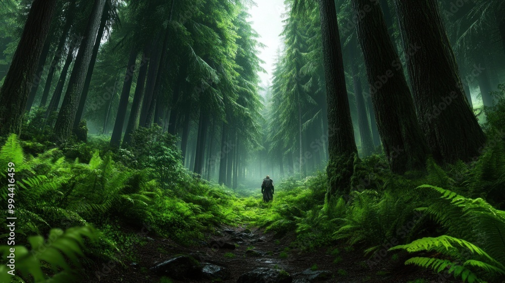 Poster a person walks along a narrow path through a dense forest filled with tall trees and lush ferns, ill