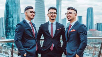 A trio of well-dressed men stands confidently, smiling at the camera. They are dressed in tailored suits with ties and accessories, showcasing elegance against a backdrop of skyscrapers