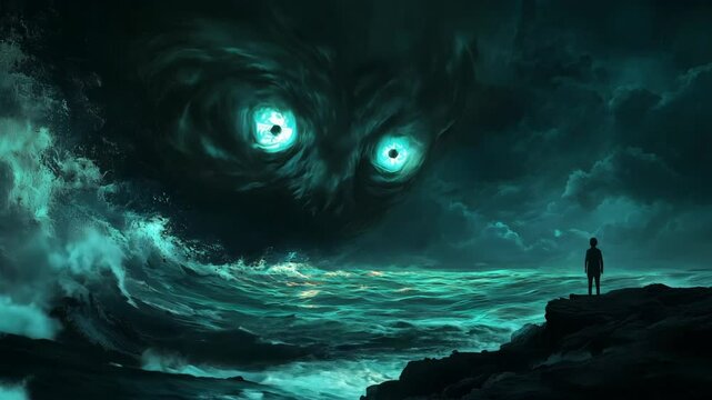 A lone figure stands on the rocky shore, staring into the swirling abyss of the ocean. Dark, ominous clouds form monstrous eyes in the sky, creating a surreal, haunting atmosphere.