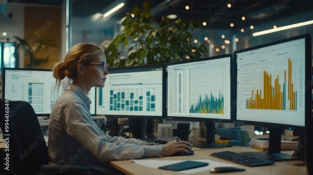 Poster a focused woman is engaged in data analysis while sitting at her desk surrounded by multiple compute