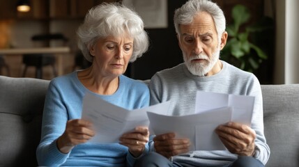 An elderly couple sits closely on a sofa, examining various documents with focused expressions during a quiet afternoon at home