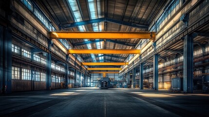 A large, open industrial warehouse features high ceilings supported by steel beams and overhead cranes, allowing for efficient movement of materials and equipment during daytime operations