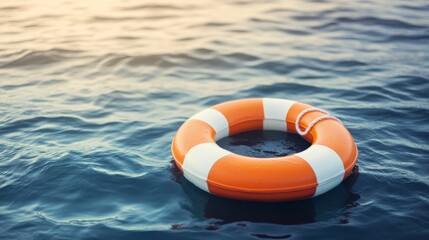 Naklejka premium A bright orange and white life buoy floats on calm water during sunset at a serene lake