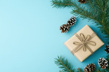 Minimalist Christmas Gift with Pine Cones and Branches on Light Blue Background
