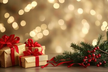 Christmas Gift Boxes with Red Ribbons and Golden Bokeh Lights
