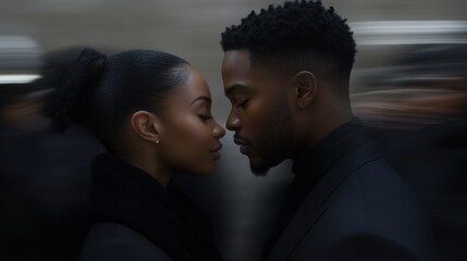 In a bustling urban setting, a couple stands close, foreheads gently touching, embracing a moment of intimacy amid the blurred faces of a lively crowd