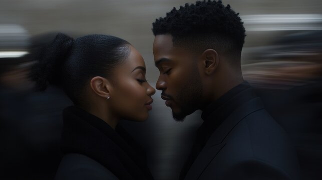 In a bustling urban setting, a couple stands close, foreheads gently touching, embracing a moment of intimacy amid the blurred faces of a lively crowd