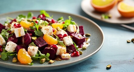 Fresh beetroot salad with citrus, pomegranate, and nuts on a blue background