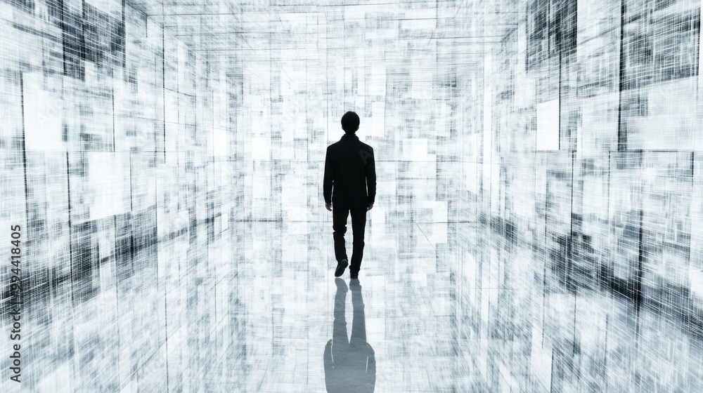 Aufkleber a lone individual strides forward in a luminous, digital environment characterized by striking abstr