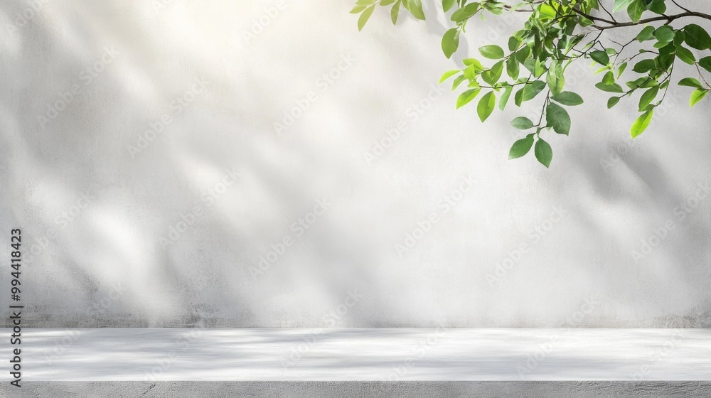 Poster sunlight filters through the leaves, casting soft shadows on the textured surface of the wall. this 