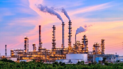 Fototapeta premium An industrial facility is silhouetted against an orange and purple sunset, featuring several tall smokestacks emitting white smoke, surrounded by greenery and infrastructure