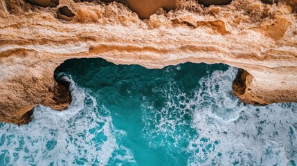 Waves crash against the rugged edges of a cliff, creating a stunning contrast between the vibrant blue water and the brown rock formations under the bright sunlight