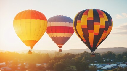 Obraz premium Three vibrant hot air balloons gracefully float in the sky during sunset, casting colorful reflections over the lush countryside and nearby town below