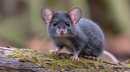 Obraz premium This small gray mouse, with large ears and bright eyes, is cautiously navigating a moss-covered log in a tranquil forest setting, illuminated by soft morning light