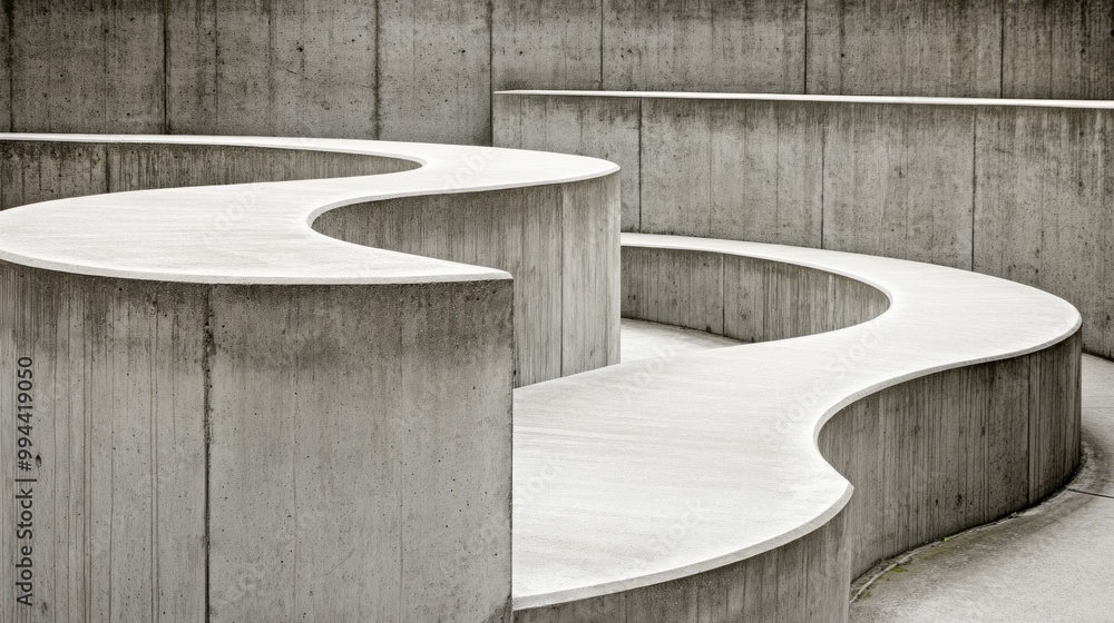 Poster curved concrete pathways form an engaging landscape at a public area, showcasing minimalist design i