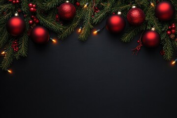 Christmas Pine Branches with Red Ornaments and Lights on Dark Background
