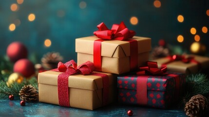 festively decorated christmas gift boxes stacked together wrapped in colorful paper and ribbons exuding excitement and anticipation for the holiday season inviting joy and cheer