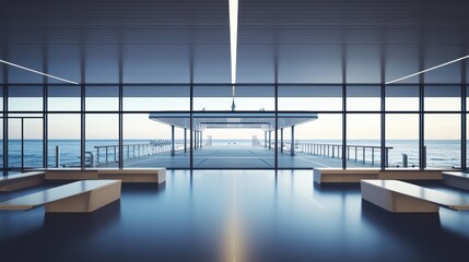 A minimalist ferry terminal with wide open spaces, large windows that offer panoramic sea views, and simple seating arrangements The space is designed for functionality and ease of movement