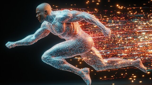 A muscular runner is depicted in mid-stride, surrounded by a swirl of sparkling particles that convey a sense of incredible speed. The dark backdrop enhances the vibrant effect