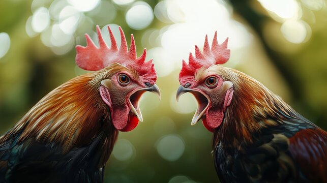 Two Colorful Roosters Crowing at Each Other with Ruffled Feathers and Wide Open Beaks on a White Background