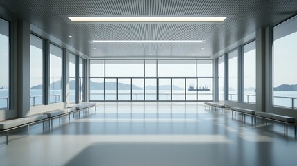 A minimalist ferry terminal with wide open spaces, large windows that offer panoramic sea views, and simple seating arrangements The space is designed for functionality and ease of movement