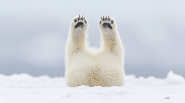 Playful Polar Bear Cub Joyfully Frolicking in the Snow with Its Paws in the Air, Capturing a Moment of Pure Delight