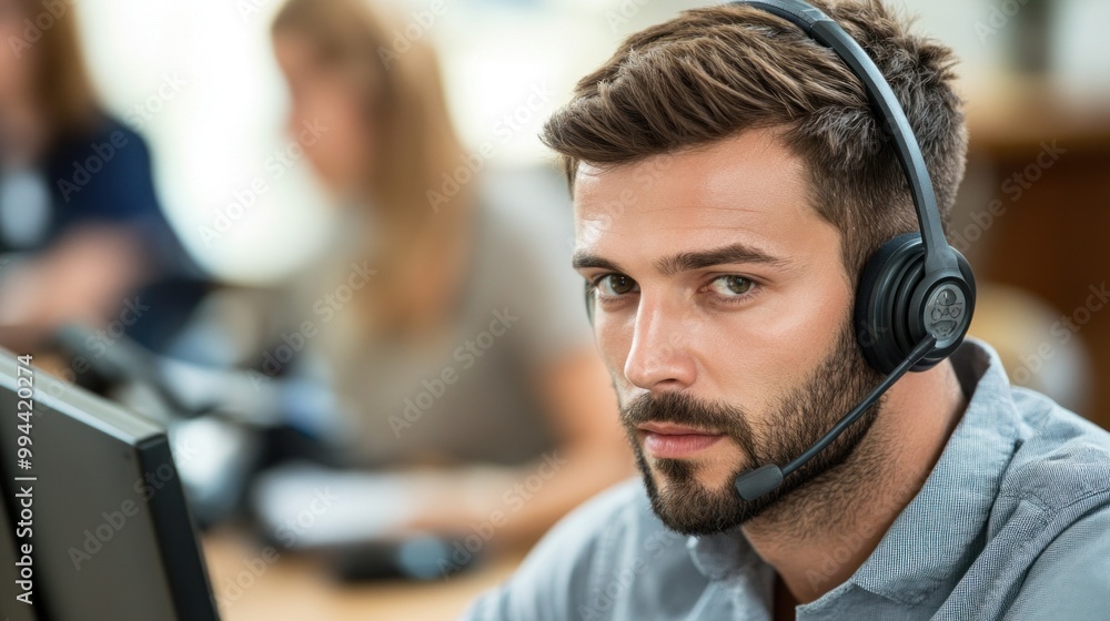 Poster a dedicated support agent, wearing a headset, engages with a customer while seated at a computer in 