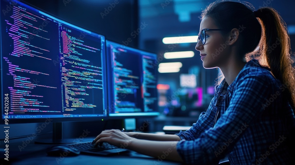 Poster a woman is absorbed in her programming task, typing on a keyboard while surrounded by bright screens